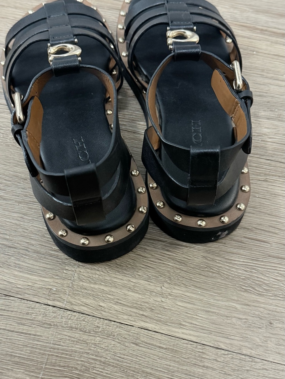 Coach Black Leather Stud-Trim Gladiator Sandals with Gold Logo - Picture 6 of 9